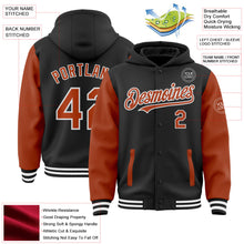 Laden Sie das Bild in den Galerie-Viewer, Uksn Individuelles Bomberjacke in Schwarz-Texas-Orange-Weiß mit Druckknopfleiste, Kapuze, Zweifarben-Design und Varsity-Letterman-Stil
