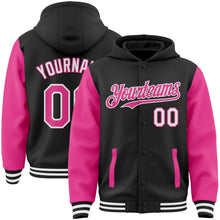 Laden Sie das Bild in den Galerie-Viewer, Uksn Individuelles Bomberjacke in Schwarz-Pink-Weiß mit Druckknopfleiste, Kapuze, Zweifarben-Design und Varsity-Letterman-Stil
