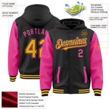 Laden Sie das Bild in den Galerie-Viewer, Uksn Individuelles Bomberjacke in Schwarz-Gold-Pink mit Druckknopfleiste, Kapuze, Zweifarben-Design und Varsity-Letterman-Stil

