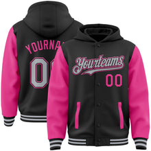 Laden Sie das Bild in den Galerie-Viewer, Uksn Individuelles Bomberjacke in Schwarz-Grau-Pink mit Druckknopfleiste, Kapuze, Zweifarben-Design und Varsity-Letterman-Stil
