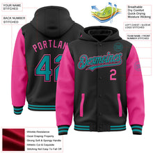 Laden Sie das Bild in den Galerie-Viewer, Uksn Individuelles Bomberjacke in Schwarz-Petrol-Pink mit Druckknopfleiste, Kapuze, Zweifarben-Design und Varsity-Letterman-Stil
