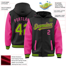 Laden Sie das Bild in den Galerie-Viewer, Uksn Individuelles Bomberjacke in Schwarz-Neongrün-Pink mit Druckknopfleiste, Kapuze, Zweifarben-Design und Varsity-Letterman-Stil
