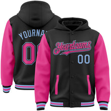 Laden Sie das Bild in den Galerie-Viewer, Uksn Individuelles Bomberjacke in Schwarz-Pink-Hellblau mit Druckknopfleiste, Kapuze, Zweifarben-Design und Varsity-Letterman-Stil
