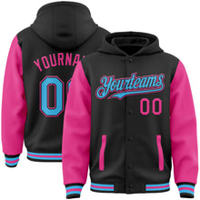 Laden Sie das Bild in den Galerie-Viewer, Uksn Individuelles Bomberjacke in Schwarz-Himmelblau-Pink mit Druckknopfleiste, Kapuze, Zweifarben-Design und Varsity-Letterman-Stil
