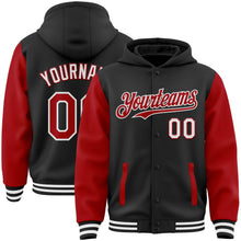 Laden Sie das Bild in den Galerie-Viewer, Uksn Individuelles Bomberjacke in Schwarz-Rot-Weiß mit Druckknopfleiste, Kapuze, Zweifarben-Design und Varsity-Letterman-Stil
