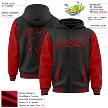Laden Sie das Bild in den Galerie-Viewer, Uksn Individuelles Bomberjacke in Schwarz-Rot mit Druckknopfleiste, Kapuze, Zweifarben-Design und Varsity-Letterman-Stil
