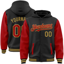 Laden Sie das Bild in den Galerie-Viewer, Uksn Individuelles Bomberjacke in Schwarz-Rot-Altgold mit Druckknopfleiste, Kapuze, Zweifarben-Design und Varsity-Letterman-Stil
