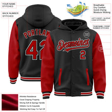 Laden Sie das Bild in den Galerie-Viewer, Uksn Individuelles Bomberjacke in Schwarz-Rot-Weiß mit Druckknopfleiste, Kapuze, Zweifarben-Design und Varsity-Letterman-Stil
