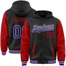 Laden Sie das Bild in den Galerie-Viewer, Uksn Individuelles Bomberjacke in Schwarz-Royalblau-Rot mit Druckknopfleiste, Kapuze, Zweifarben-Design und Varsity-Letterman-Stil
