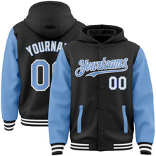 Laden Sie das Bild in den Galerie-Viewer, Uksn Individuelles Bomberjacke in Schwarz-Hellblau-Weiß mit Druckknopfleiste, Kapuze, Zweifarben-Design und Varsity-Letterman-Stil
