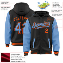 Laden Sie das Bild in den Galerie-Viewer, Uksn Individuelles Bomberjacke in Schwarz-Hellblau-Orange mit Druckknopfleiste, Kapuze, Zweifarben-Design und Varsity-Letterman-Stil
