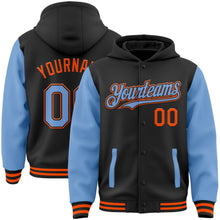 Laden Sie das Bild in den Galerie-Viewer, Uksn Individuelles Bomberjacke in Schwarz-Hellblau-Orange mit Druckknopfleiste, Kapuze, Zweifarben-Design und Varsity-Letterman-Stil
