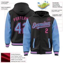 Laden Sie das Bild in den Galerie-Viewer, Uksn Individuelles Bomberjacke in Schwarz-Hellblau-Pink mit Druckknopfleiste, Kapuze, Zweifarben-Design und Varsity-Letterman-Stil
