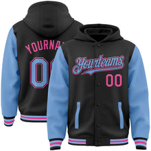 Laden Sie das Bild in den Galerie-Viewer, Uksn Individuelles Bomberjacke in Schwarz-Hellblau-Pink mit Druckknopfleiste, Kapuze, Zweifarben-Design und Varsity-Letterman-Stil
