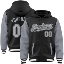 Laden Sie das Bild in den Galerie-Viewer, Uksn Individuelles Bomberjacke in Schwarz-Grau-Weiß mit Druckknopfleiste, Kapuze, Zweifarben-Design und Varsity-Letterman-Stil
