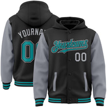 Laden Sie das Bild in den Galerie-Viewer, Uksn Individuelles Bomberjacke in Schwarz-Petrol-Grau mit Druckknopfleiste, Kapuze, Zweifarben-Design und Varsity-Letterman-Stil
