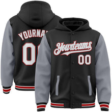 Laden Sie das Bild in den Galerie-Viewer, Uksn Individuelles Bomberjacke in Schwarz-Grau-Rot mit Druckknopfleiste, Kapuze, Zweifarben-Design und Varsity-Letterman-Stil
