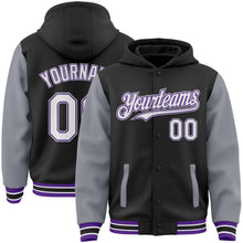 Laden Sie das Bild in den Galerie-Viewer, Uksn Individuelles Bomberjacke in Schwarz-Grau-Violett mit Druckknopfleiste, Kapuze, Zweifarben-Design und Varsity-Letterman-Stil

