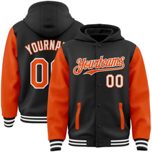 Laden Sie das Bild in den Galerie-Viewer, Uksn Individuelles Bomberjacke in Schwarz-Orange-Weiß mit Druckknopfleiste, Kapuze, Zweifarben-Design und Varsity-Letterman-Stil
