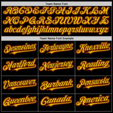 Laden Sie das Bild in den Galerie-Viewer, Uksn Individuelles Bomberjacke in Schwarz-Gold-Orange mit Druckknopfleiste, Kapuze, Zweifarben-Design und Varsity-Letterman-Stil
