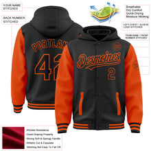 Laden Sie das Bild in den Galerie-Viewer, Uksn Individuelles Bomberjacke in Schwarz-Orange mit Druckknopfleiste, Kapuze, Zweifarben-Design und Varsity-Letterman-Stil
