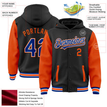 Laden Sie das Bild in den Galerie-Viewer, Uksn Individuelles Bomberjacke in Schwarz-Royalblau-Orange mit Druckknopfleiste, Kapuze, Zweifarben-Design und Varsity-Letterman-Stil
