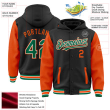 Laden Sie das Bild in den Galerie-Viewer, Uksn Individuelles Bomberjacke in Schwarz-Kelly-Grün-Orange mit Druckknopfleiste, Kapuze, Zweifarben-Design und Varsity-Letterman-Stil

