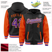 Laden Sie das Bild in den Galerie-Viewer, Uksn Individuelles Bomberjacke in Schwarz-Violett-Orange mit Druckknopfleiste, Kapuze, Zweifarben-Design und Varsity-Letterman-Stil

