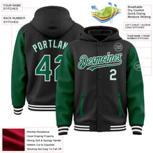 Laden Sie das Bild in den Galerie-Viewer, Uksn Individuelles Bomberjacke in Schwarz-Kelly-Grün-Weiß mit Druckknopfleiste, Kapuze, Zweifarben-Design und Varsity-Letterman-Stil
