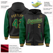 Laden Sie das Bild in den Galerie-Viewer, Uksn Individuelles Bomberjacke in Schwarz-Kelly-Grün-Altgold mit Druckknopfleiste, Kapuze, Zweifarben-Design und Varsity-Letterman-Stil
