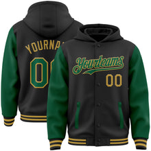 Laden Sie das Bild in den Galerie-Viewer, Uksn Individuelles Bomberjacke in Schwarz-Kelly-Grün-Altgold mit Druckknopfleiste, Kapuze, Zweifarben-Design und Varsity-Letterman-Stil
