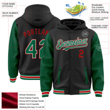 Laden Sie das Bild in den Galerie-Viewer, Uksn Individuelles Bomberjacke in Schwarz-Kelly-Grün-Rot mit Druckknopfleiste, Kapuze, Zweifarben-Design und Varsity-Letterman-Stil
