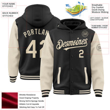 Laden Sie das Bild in den Galerie-Viewer, Uksn Individuelles Bomberjacke in Schwarz-Creme mit Druckknopfleiste, Kapuze, Zweifarben-Design und Varsity-Letterman-Stil
