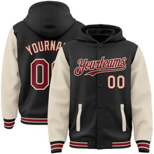 Laden Sie das Bild in den Galerie-Viewer, Uksn Individuelles Bomberjacke in Schwarz-Karmesinrot-Creme-City-Creme mit Druckknopfleiste, Kapuze, Zweifarben-Design und Varsity-Letterman-Stil

