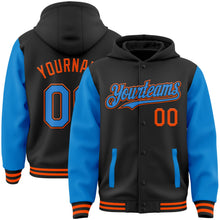 Laden Sie das Bild in den Galerie-Viewer, Uksn Individuelles Bomberjacke in Schwarz-Puderblau-Orange mit Druckknopfleiste, Kapuze, Zweifarben-Design und Varsity-Letterman-Stil
