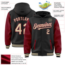 Laden Sie das Bild in den Galerie-Viewer, Uksn Individuelles Bomberjacke in Schwarz-Creme-Karmesinrot mit Druckknopfleiste, Kapuze, Zweifarben-Design und Varsity-Letterman-Stil
