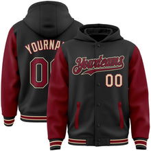 Laden Sie das Bild in den Galerie-Viewer, Uksn Individuelles Bomberjacke in Schwarz-Karmesinrot-City-Creme mit Druckknopfleiste, Kapuze, Zweifarben-Design und Varsity-Letterman-Stil
