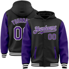 Laden Sie das Bild in den Galerie-Viewer, Uksn Individuelles Bomberjacke in Schwarz-Violett-Weiß mit Druckknopfleiste, Kapuze, Zweifarben-Design und Varsity-Letterman-Stil
