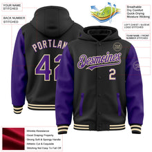 Laden Sie das Bild in den Galerie-Viewer, Uksn Individuelles Bomberjacke in Schwarz-Violett-Creme mit Druckknopfleiste, Kapuze, Zweifarben-Design und Varsity-Letterman-Stil
