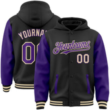 Laden Sie das Bild in den Galerie-Viewer, Uksn Individuelles Bomberjacke in Schwarz-Violett-Creme mit Druckknopfleiste, Kapuze, Zweifarben-Design und Varsity-Letterman-Stil
