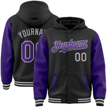 Laden Sie das Bild in den Galerie-Viewer, Uksn Individuelles Bomberjacke in Schwarz-Violett-Grau mit Druckknopfleiste, Kapuze, Zweifarben-Design und Varsity-Letterman-Stil
