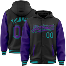 Laden Sie das Bild in den Galerie-Viewer, Uksn Individuelles Bomberjacke in Schwarz-Violett-Petrol mit Druckknopfleiste, Kapuze, Zweifarben-Design und Varsity-Letterman-Stil
