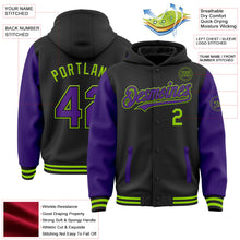 Laden Sie das Bild in den Galerie-Viewer, Uksn Individuelles Bomberjacke in Schwarz-Violett-Neongrün mit Druckknopfleiste, Kapuze, Zweifarben-Design und Varsity-Letterman-Stil
