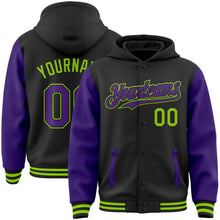 Laden Sie das Bild in den Galerie-Viewer, Uksn Individuelles Bomberjacke in Schwarz-Violett-Neongrün mit Druckknopfleiste, Kapuze, Zweifarben-Design und Varsity-Letterman-Stil
