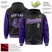 Laden Sie das Bild in den Galerie-Viewer, Uksn Individuelles Bomberjacke in Schwarz-Violett-Weiß mit Druckknopfleiste, Kapuze, Zweifarben-Design und Varsity-Letterman-Stil
