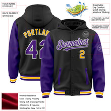 Laden Sie das Bild in den Galerie-Viewer, Uksn Individuelles Bomberjacke in Schwarz-Violett-Gold mit Druckknopfleiste, Kapuze, Zweifarben-Design und Varsity-Letterman-Stil
