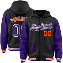 Laden Sie das Bild in den Galerie-Viewer, Uksn Individuelles Bomberjacke in Schwarz-Violett-Orange mit Druckknopfleiste, Kapuze, Zweifarben-Design und Varsity-Letterman-Stil
