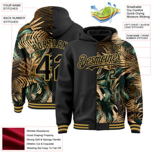 Laden Sie das Bild in den Galerie-Viewer, Uksn Individuelles Bomberjacke in Schwarz-Altgold mit 3D-Design mit tropischen Hawaii-Dschungelblättern, Druckknopfleiste, Kapuze und Varsity-Letterman-Stil
