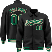 Laden Sie das Bild in den Galerie-Viewer, Uksn Individuelles Bomberjacke in Schwarz-Kelly-Grün-Creme mit Byron-Stil, Reverskragen, Druckknopfleiste und Varsity-Letterman-Stil
