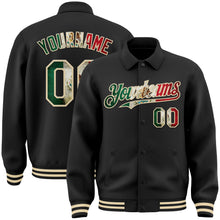 Laden Sie das Bild in den Galerie-Viewer, Uksn Individuelles Bomberjacke in Schwarz-Creme mit Vintage-Mexiko-Flagge, Byron-Stil, Reverskragen, Druckknopfleiste und Varsity-Letterman-Stil
